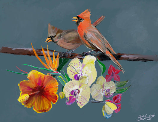 Cardinals with Tropical Flowers